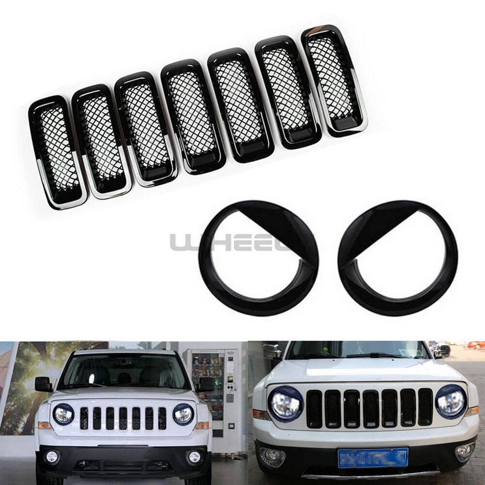 9Pcs Front Grille Mesh Insert & Angry Bird Headlight Cover Trim for Jeep Patriot Foto 2 de 4