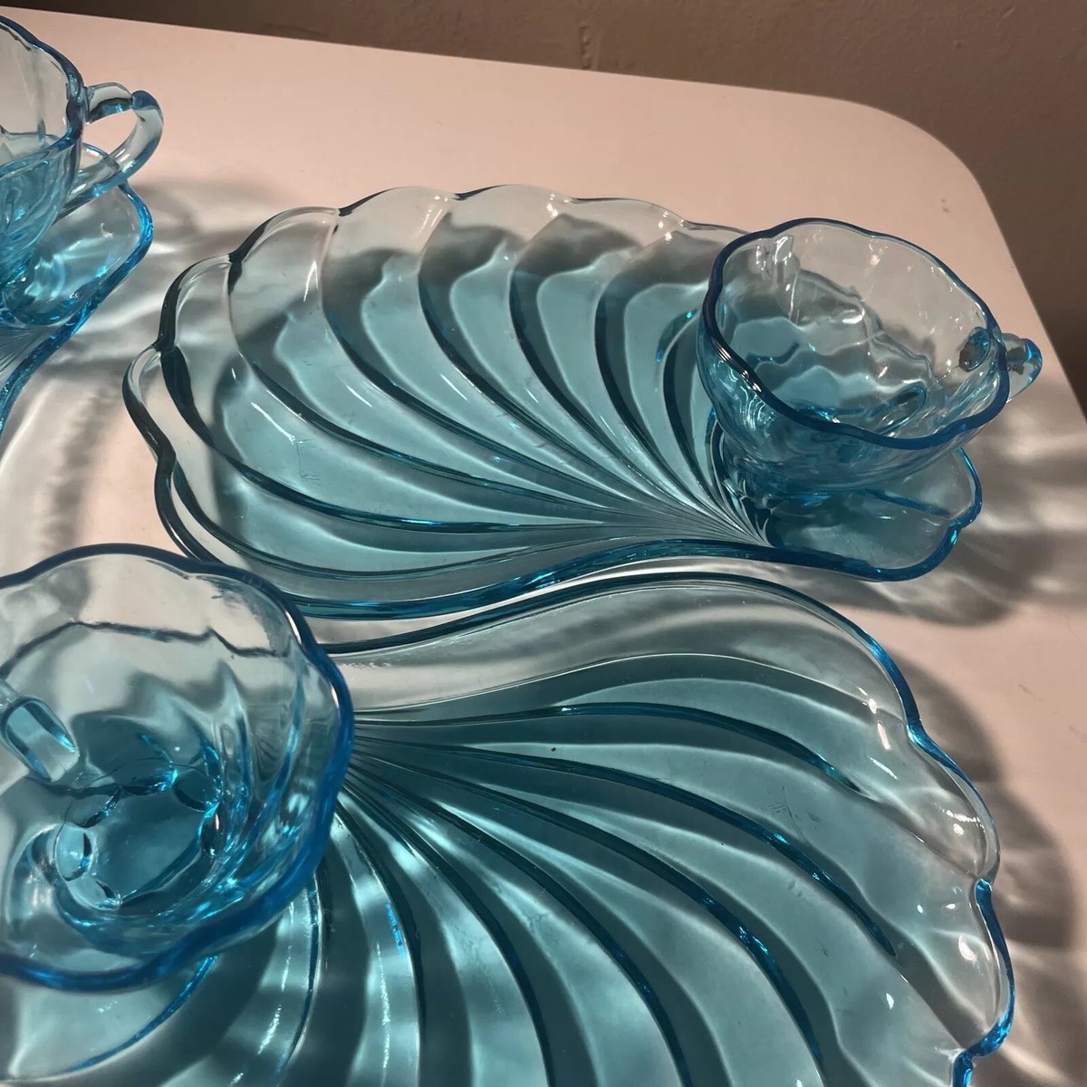 Hazel Atlas Glass 3 Capri Blue Colonial Swirl Seashell Snack Plate