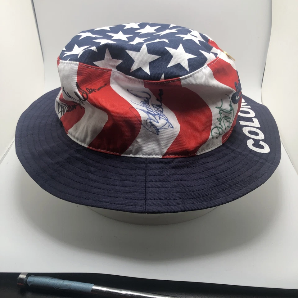 Sombrero de cubo vintage firmado autografiado The Oak Ridge Boys rojo blanco y azul OSFA Foto 2 de 4