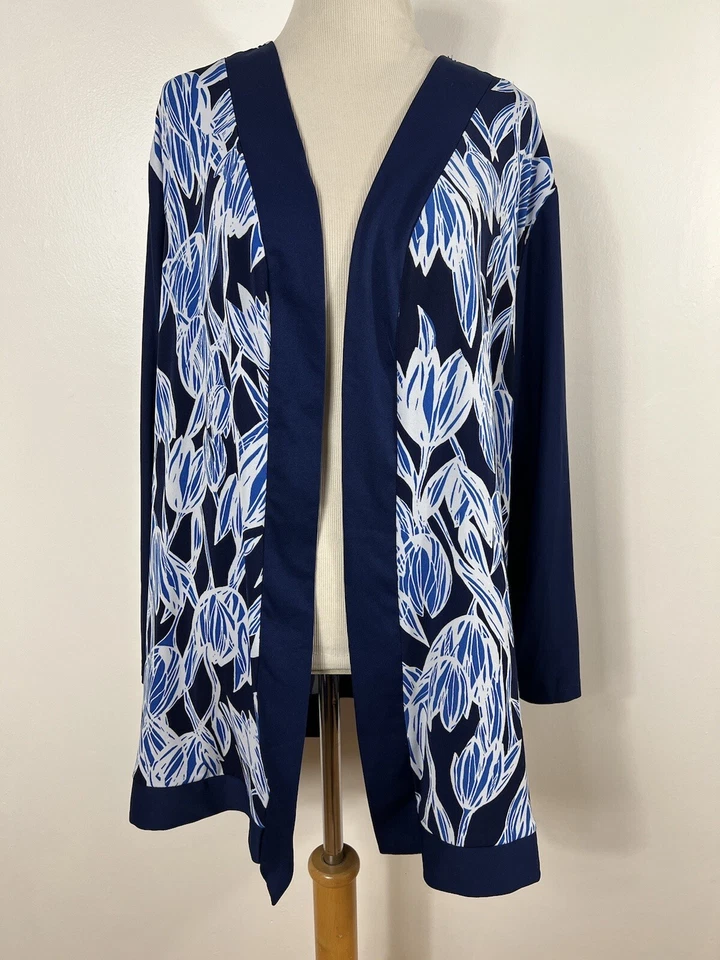 Chaqueta Slinky Brand 2X Azul Blanco Viaje Elastizada Frente Abierto Floral Flor J3 Foto 2 de 4