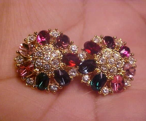 Vintage RÖMER CLIP OHRRINGE BLUME STRASS SCHÖN~~
