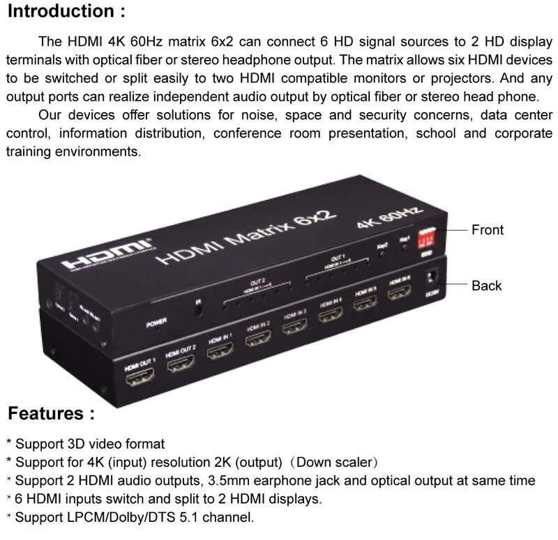 4K 60hz 6x2 HDMI Matrix w/ Audio 4X2 Matrix HDMI Switch Splitter 6 or 4 in 2 out - Image 2 of 4