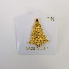 Gold Color Christmas Tree Red Rhinestone Pin Brooch Holiday Made in USA