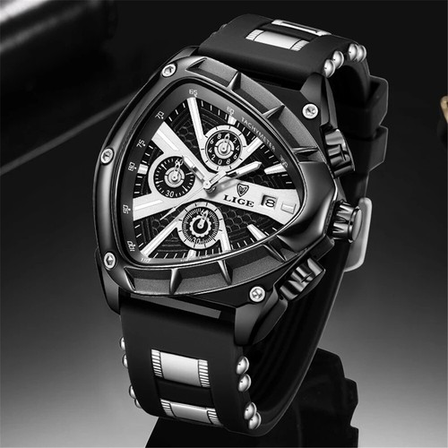 LIGE Men Watch Triangle Big Case Boy Sport Wristwatch Silicone Chronograph Watch - Picture 14 of 29