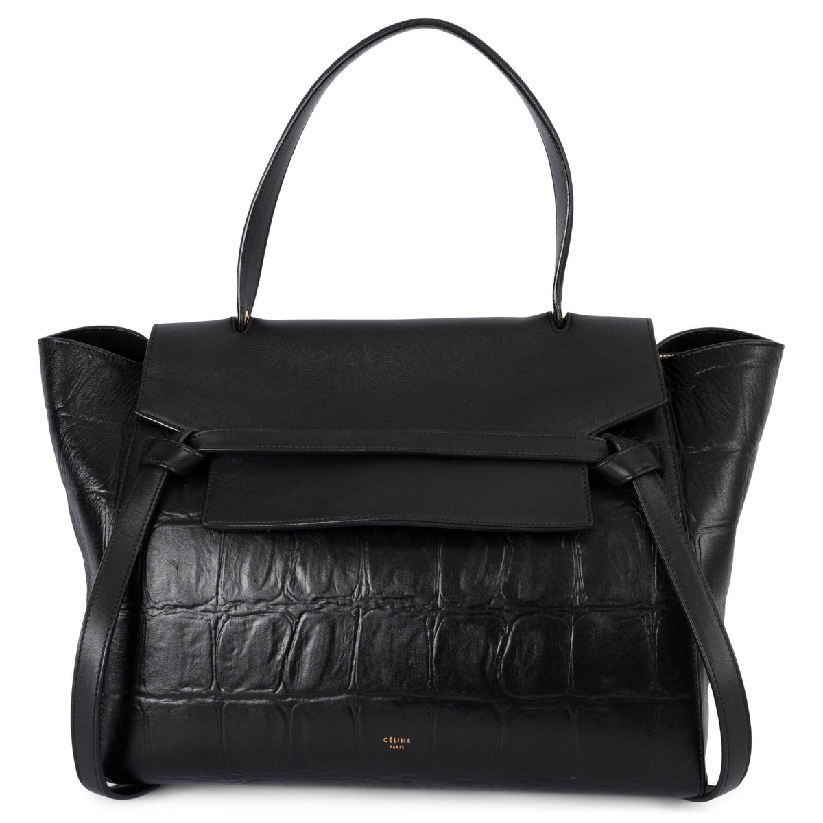 69983 auth CELINE black leather 2015 CROC EMBOSSED SMALL BELT Bag