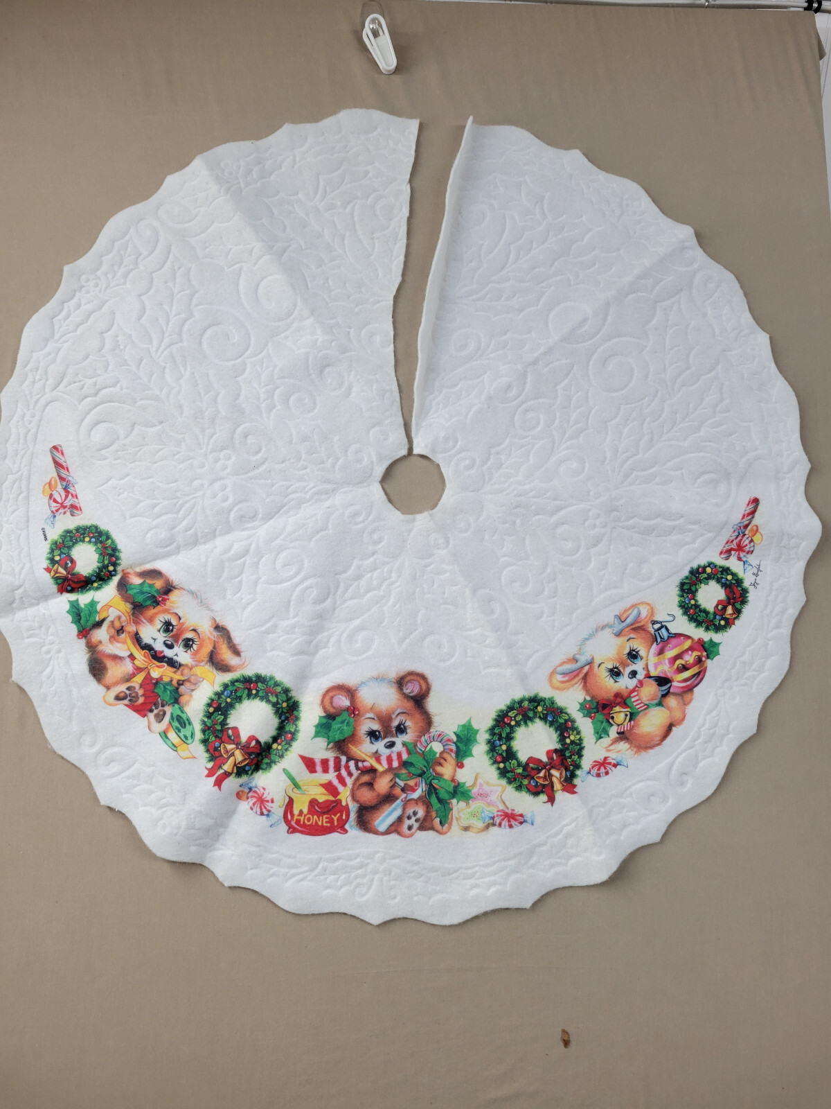 Vintage Christmas Tree Skirt Joyce Garofalo White Felt Baby Animals - Cut VGC