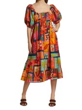 Farm Rio Tropical Collage Midi Dress Bead Tassel Puff Sleeves Resort Size XS