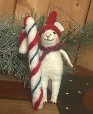 Cute Needle Felted Mouse Christmas Mouse w/ scarf, hat, Candy Cane Felt ornament
