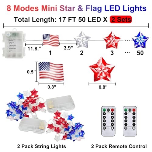 100 LED Red White and Blue Lights Mini USA Flag & Star Fairy Lights Battery - Picture 3 of 7