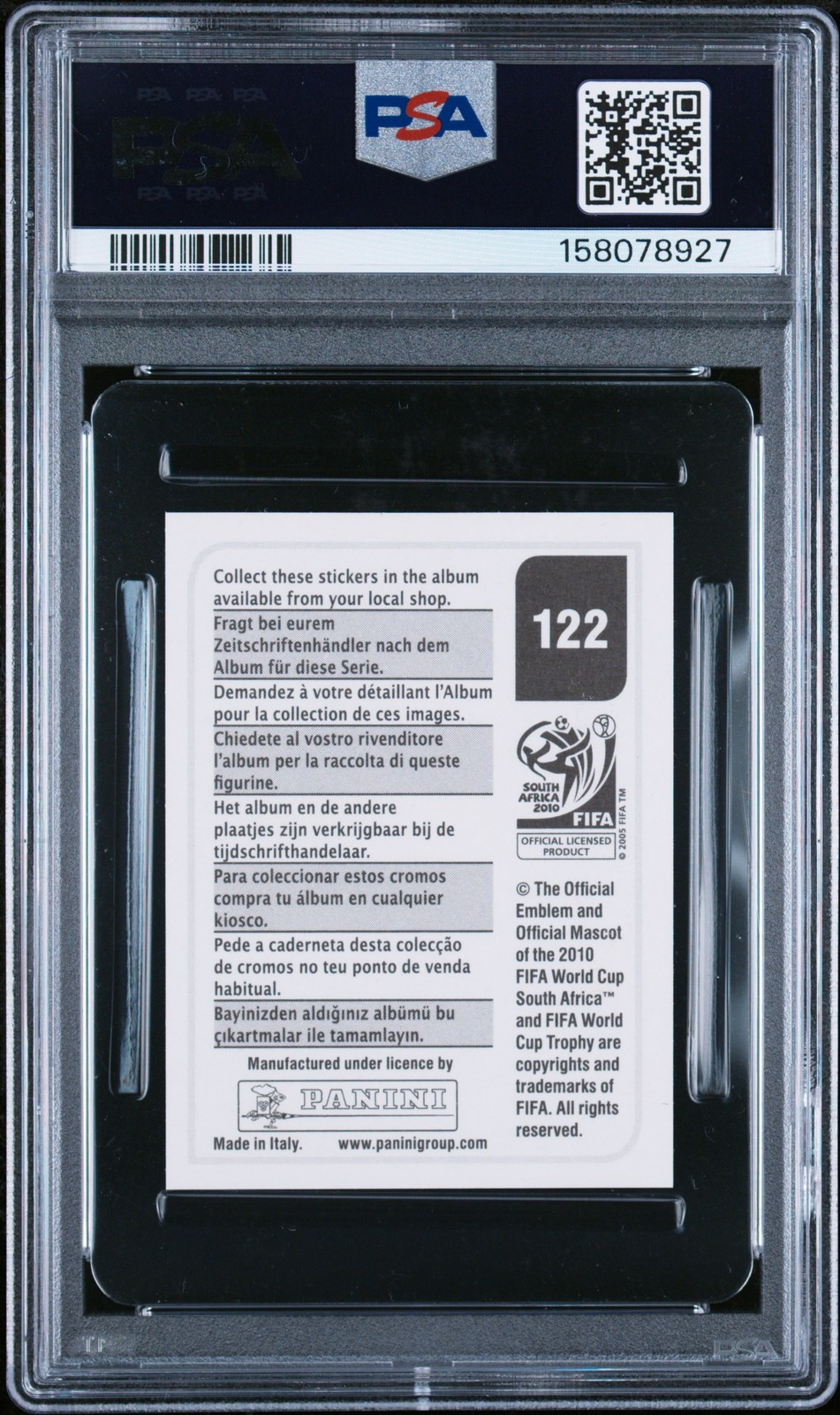 158078927 Lionel Messi 2010 Panini World Cup International #122 Stickers PSA 10 view 2