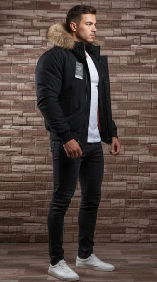 Giubbotto Bomber Uomo Invernale con Cappuccio Pelliccia Sintetica Nero Elegante - Imagen 4 de 4