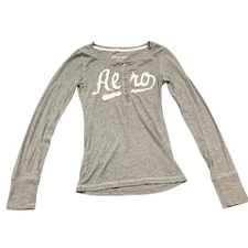 Aeropostale Women’s Shirt Henley Sz M Gray Long Sleeve Button Aero Raised Logo