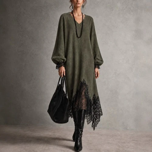 Women Faux Suede V-Neck Midi Dress Balloon Sleeve Lace Hem Loose Autumn Dress