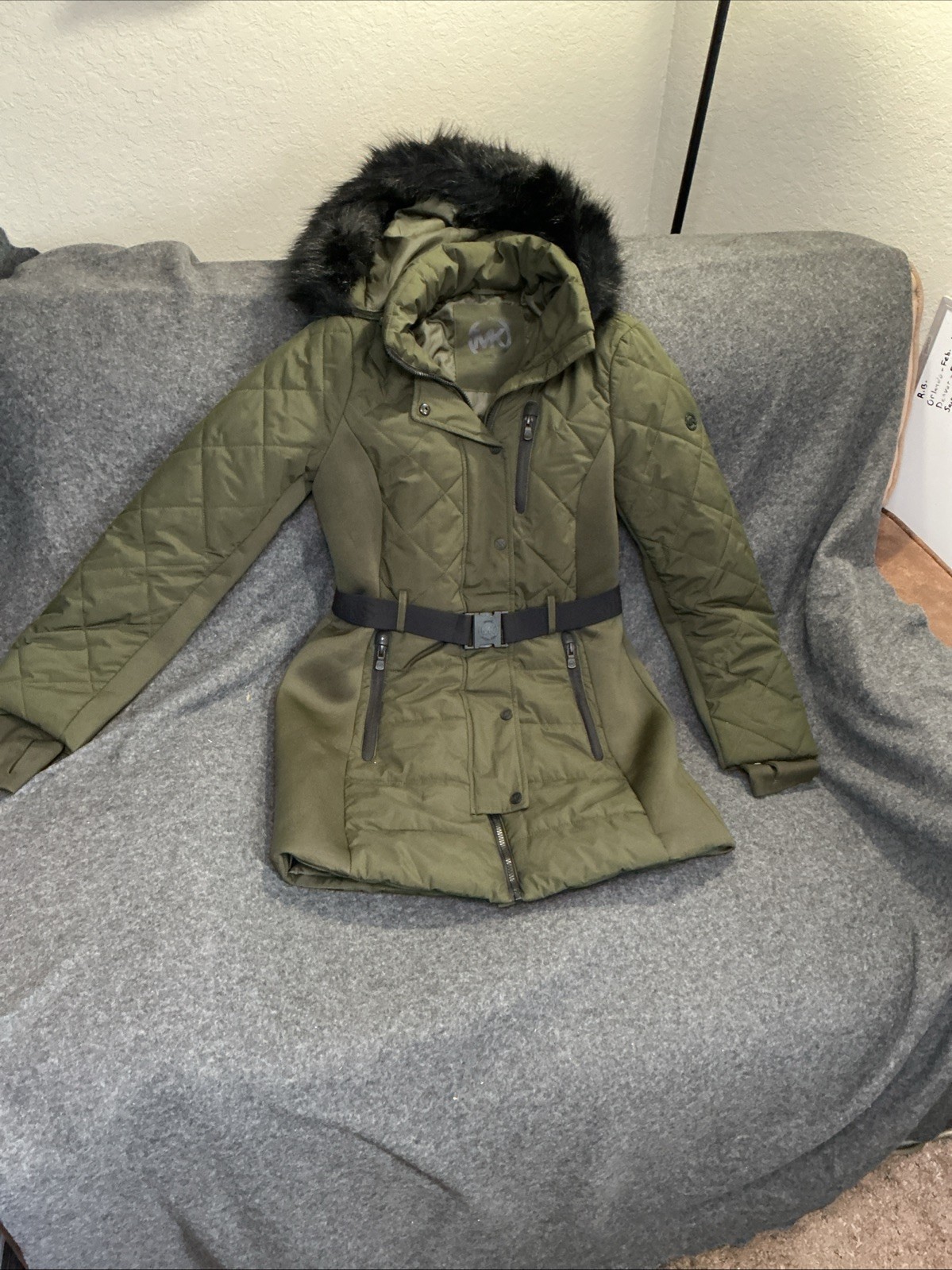 Michael Kors Womens Hooded Puffer Jacket with Faux Fur And B
