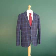 Vintage Gibson Blazer Mens 38R Navy Blue Wool Blend Checkered Notch Lapel Jacket