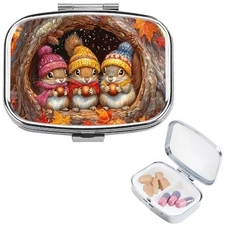 Cute Squirrels 2 Compartment Medicine Pill Box Case Portable Travel Size