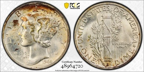 1944 MERCURY DIME PCGS MS67+  Gold Shield  10c Some TONE
