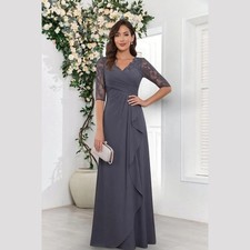 Long Chiffon Mother of The Bride Dresses for Women V Neck Lace Applique Ruched