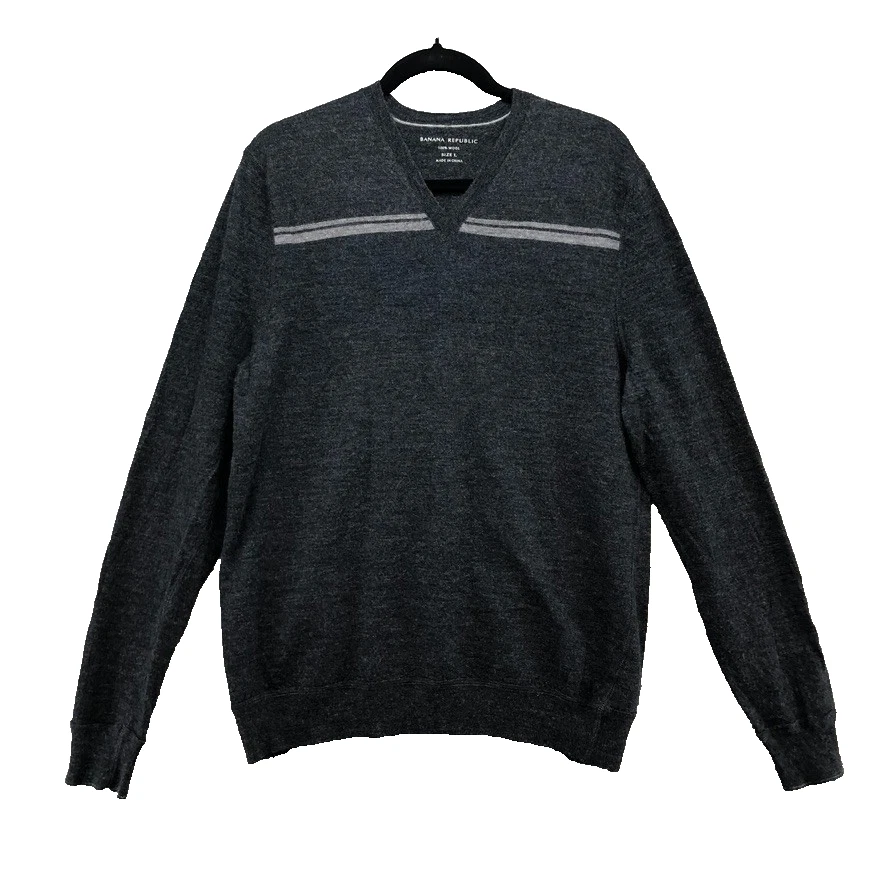 Banana Republic Wool Sweater Jumper Mens Large Gray Preppy Academia V Neck Y2K