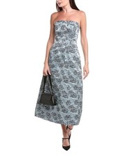 Ganni Jacquard Corsage Dress Women’s Size 4 36 Blue Floral Strapless Rhinestone