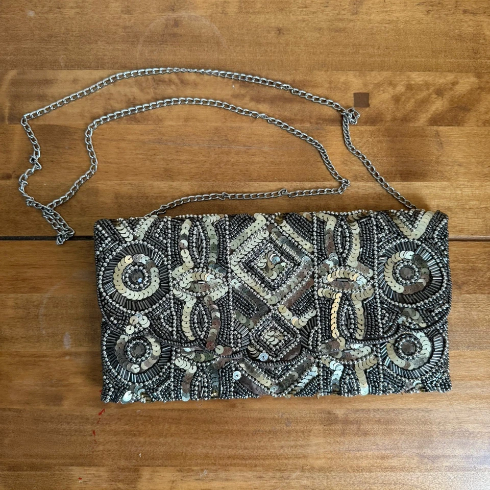 New Look Beaded Clutch Bag Gold Silver Sequin Evening Party Chain Strap Xmas - Image 2 of 4
