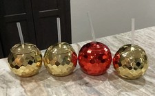 Set of 4 Disco Ball Cups Tumblers w/ Lids Straws Party New Year s