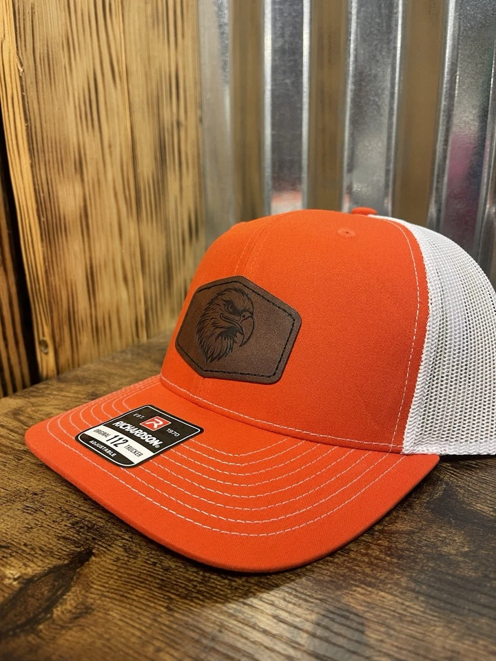 Sombrero de camionero Richardson 112 Eagle parche de cuero hecho a medida naranja/blanco Foto 3 de 4
