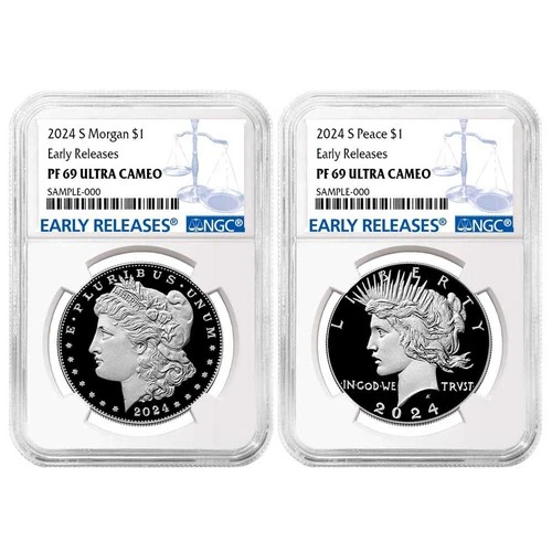 2pc Set - 2024-S $1 Proof Morgan and Peace Silver Dollar NGC PF69UC ER Blue