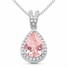 Morganite Halo Pendant Necklace 925 Sterling Silver Pear Cut 18" Box Chain