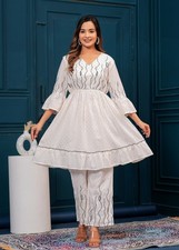 White Embroidered Kurta Pant Set  Women  s Flared Tunic Ethnic Party Wear