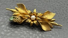 Vintage Gold Tone Flower Brooch with Faux Pearl and Green Stone Accent Pin