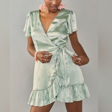 Francesca's Mi Ami Womens Wrap Dress Small Green Satin Flutter Sleeve Ruffle Hem