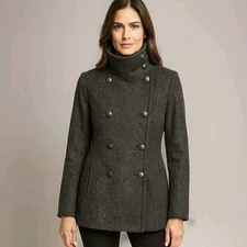Club Monaco Women's Coat Grey Wool Blend Outerwear Funnel Neck Pea Coat Size M