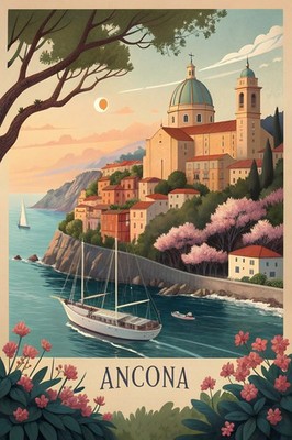 Vibrant Ancona Italy Travel Poster - Majestic Cathedral Seascape Art Print_moreD