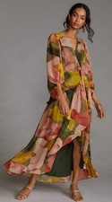 Hutch Anthropologie Floral Geo Wrap Watercolor Dress Maxi Earthy Billowy NWT XS