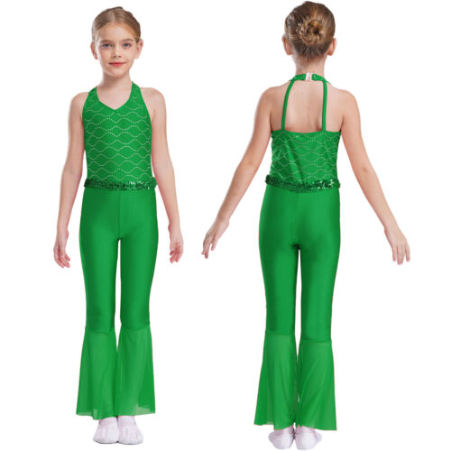 Kids Girls Bodysuit Class Jumpsuit Party Leotard Jazz Rompers Bell-Bottom Show - Picture 48 of 65