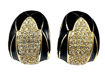 ELEGANT CINER GOLD PLATED PAVE CRYSTAL RHINESTONE BLACK ENAMEL CLIP EARRINGS