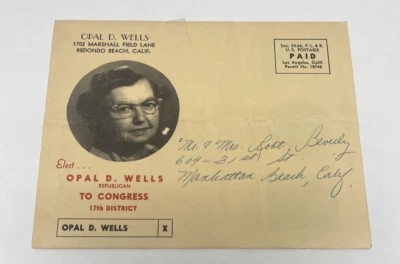 Redondo Plage Ca Républicain Candidat Opal Wells Congrès Politique Mailer 1954 - Photo 1/4