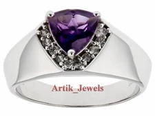 Natural Amethyst & CZ With 14K White Gold Plated Silver Ring For Men's #880