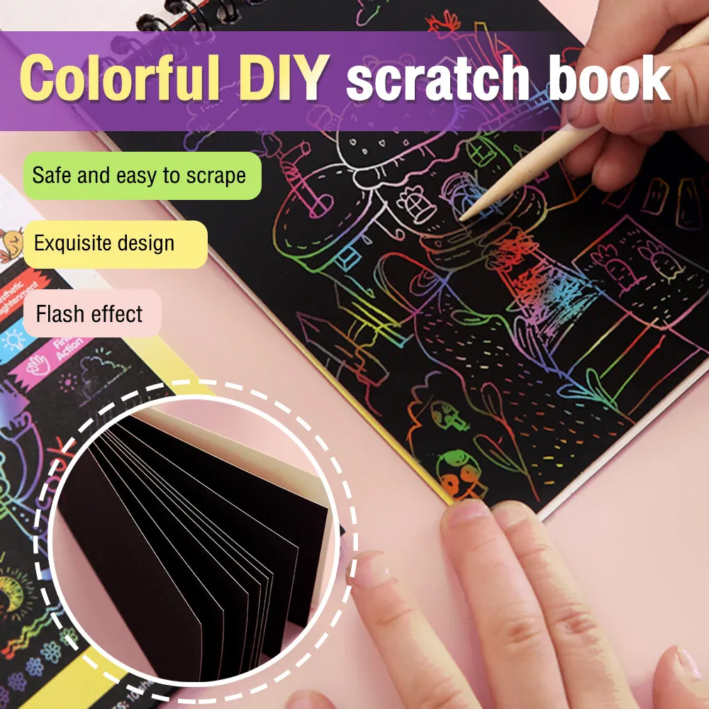Scratch Art Set, 50 Piece Rainbow Magic Scratch Paper for Kids Black Scratch  Off Art Notes