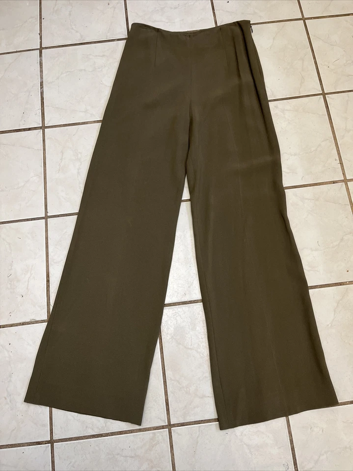 Pantalones LA PERLA Caqui Verde Crepé Viscosa Tiro Alto Cremallera Lateral Pierna Ancha Talla IT 42 Foto 2 de 4