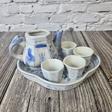 Vintage Mini Porcelain Tea Set Blue White Floral One is Chipped