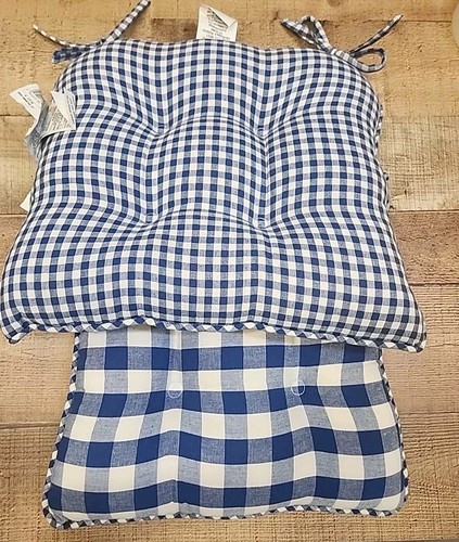 2 Vtg Martha Stewart Seat Chair Cushion Blue Gingham Buffalo Plaid Indoor15x15x3