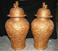 Qianlong Colour Enamel Porcelain 24 K Gold Gilt Dragon Lion Jar Pot Crock Pair