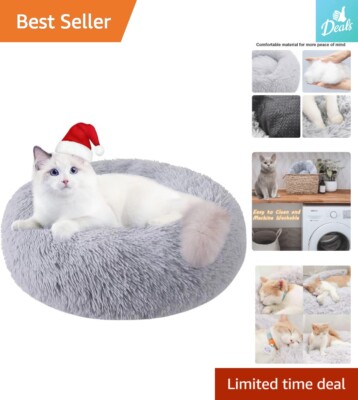 20 Inch Round Cat Bed - Soft Plush Fabric, Raised Edges for Comfortable Sleep
