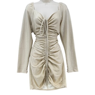 Bella Missy Ruched Bodycon Dress Gold Metallic Lurex Long Sleeve Cinched Sz  12 | eBay