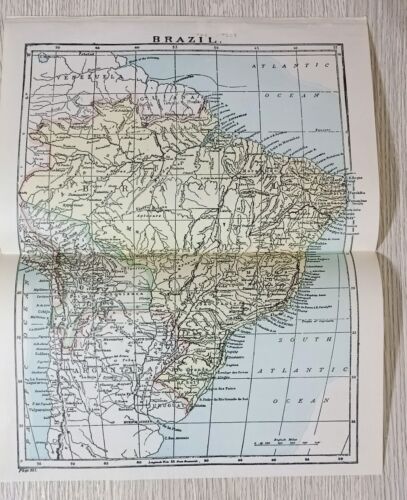 1903 Antique Color Map BRAZIL South America Authentic Saalfield Britannica Rare