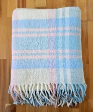 Vtg Acrylic Baby Blanket Pastel Plaid Pink Blue White Fringe Measures 52"x 52"
