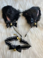 Anime Furry Faux Fur Cat Fox Ears Headband Lolita Choker Cos Costume Black