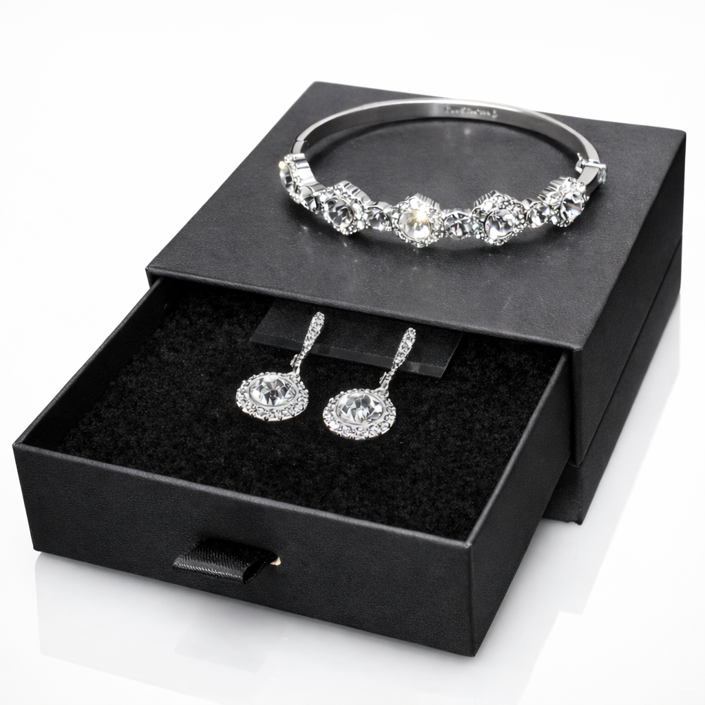 GIVENCHY Demi-Parure Crystal Bracelet Earrings Silver Matching Set Signed w/ Box